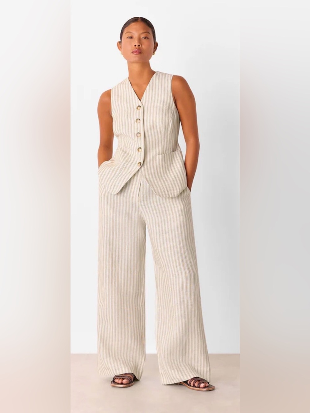 Women’s Linen-Blend Pants and Vest Set in Neutral Stripe